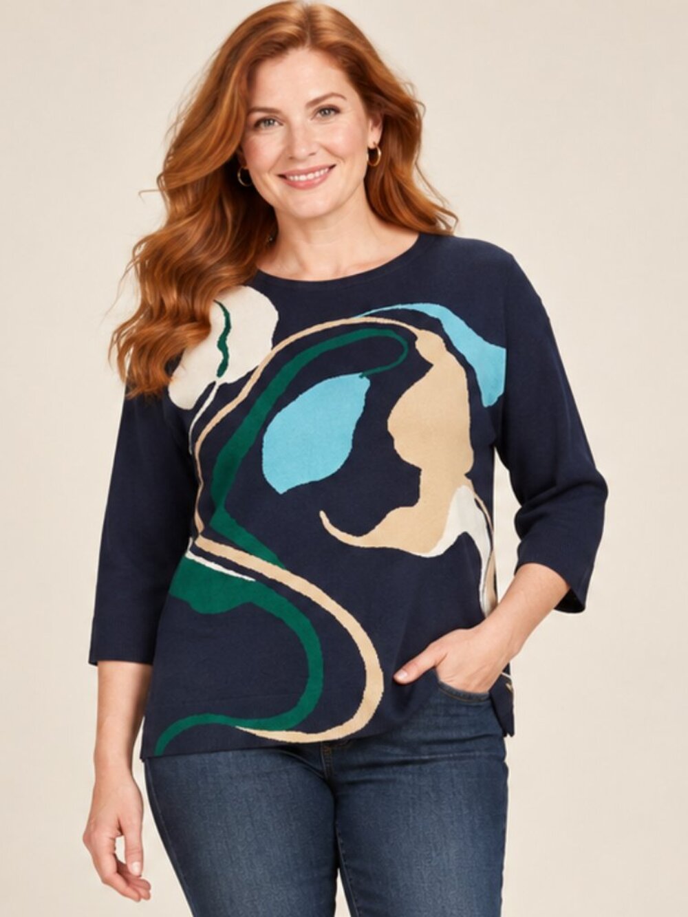Chico’s Blue Abstract Art Sweater Size 3 XL 16 3/4 Sleeve